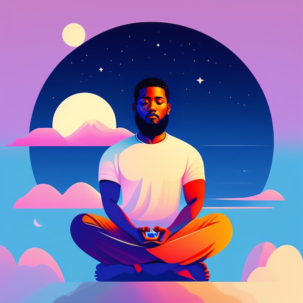 Mężczyzna medytujący przed kolorowym niebem.