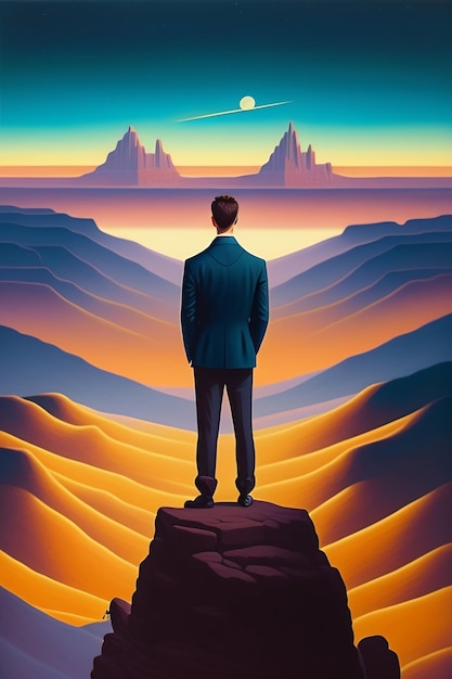 Bezpłatne zdjęcie mężczyzna stoi na klifie patrząc na horyzont.