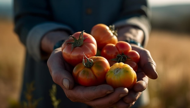 Bezpłatne zdjęcie mężczyzna trzymający dojrzałe pomidory zbiera świeże produkty generowane przez sztuczną inteligencję