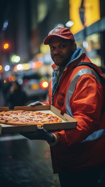 Bezpłatne zdjęcie mężczyzna trzymający pudełko po pizzy w nowym jorku