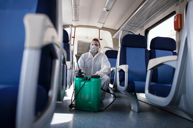 Mężczyzna w białym kombinezonie ochronnym dezynfekujący i dezynfekujący wnętrze pociągu metra, aby powstrzymać rozprzestrzenianie wysoce zaraźliwego wirusa koronowego