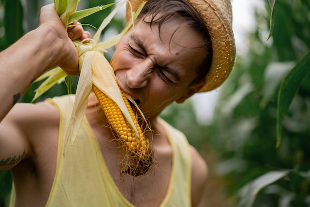 Bezpłatne zdjęcie mężczyzna w kapeluszu w polu kukurydzy. człowiek odbiera kukurydzę.