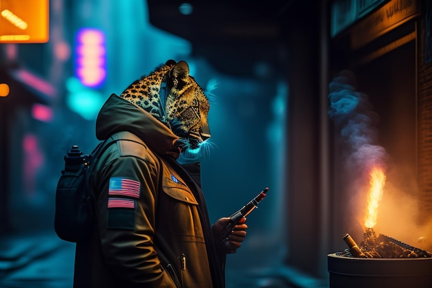 Bezpłatne zdjęcie mężczyzna w kurtce z maską lamparta stoi przed oświetlonym budynkiem