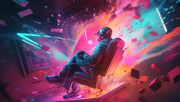 Mężczyzna w neonowym garniturze siedzi na krześle z neonowym napisem „słowo”