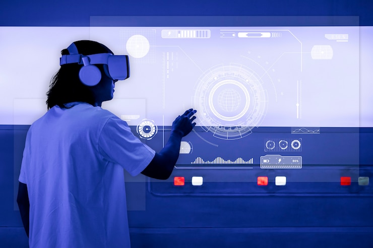 Bezpłatny plik Zdjęcie mężczyzna z headsetem vr dotykający holograficznego ekranu