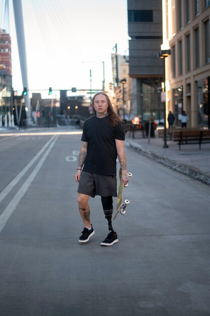 Mężczyzna z niepełnosprawnością nóg jeździ na deskorolce w mieście
