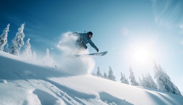 Mężczyźni jeżdżą na snowboardzie w ekstremalnej przygodzie sportów zimowych generatywnej sztucznej inteligencji