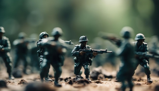 Bezpłatne zdjęcie mężczyźni w mundurach celowniczych na polu bitwy generowanym przez sztuczną inteligencję