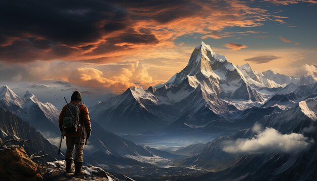 Mężczyźni wędrujący po górskich szczytach odkrywający majestatyczne piękno natury w ciszy generowanej przez sztuczną inteligencję