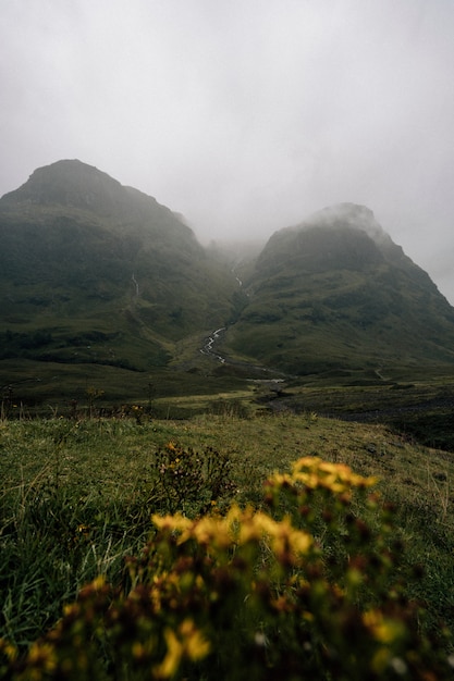 Mgła i teren w Glen Etive w Szkocji