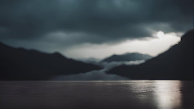 Mgliste jezioro górskie wieczorem renderowania 3D