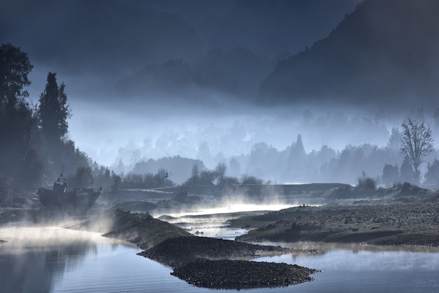 Bezpłatne zdjęcie mglisty brzeg jeziora z lasami w nocy