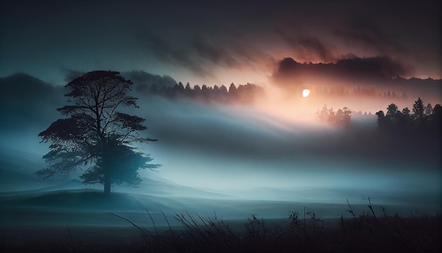 Mglisty krajobraz leśny ciemna sylwetka tajemnicza atmosfera generowana przez AI