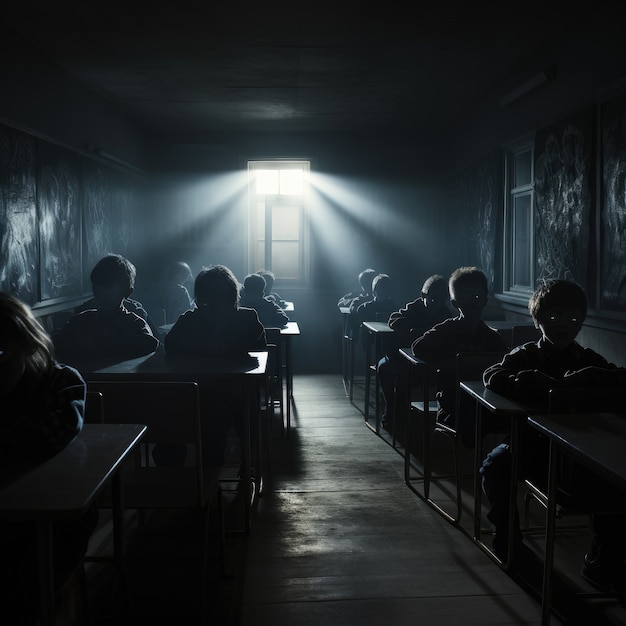 Bezpłatne zdjęcie międzynarodowy dzień edukacji w ciemnym stylu z uczniami w klasie