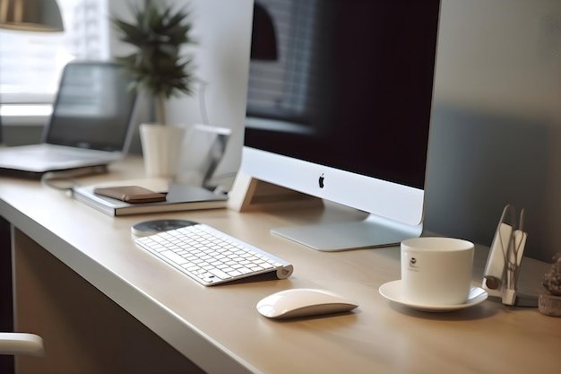 Bezpłatne zdjęcie miejsce pracy z komputerem i filiżanką do kawy na drewnianym stole w nowoczesnym biurze