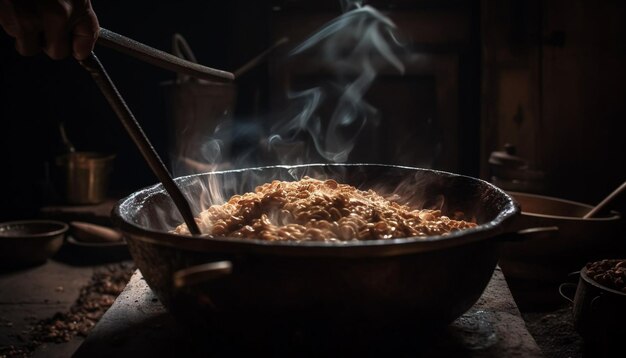 Mięso z grilla gotowane na stalowej patelni wygenerowane przez AI