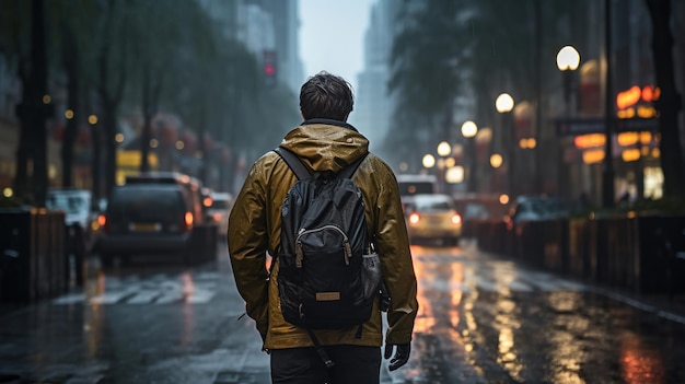 Bezpłatne zdjęcie mieszkańca miasta przeciwstawia się deszczu, przechodząc przez ulicę.