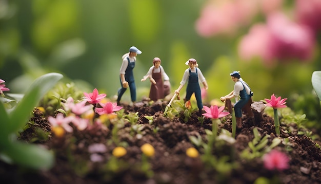 Miniaturowe osoby Ogrodnik sadzący kwiaty w ogrodzie Selektywne skupienie