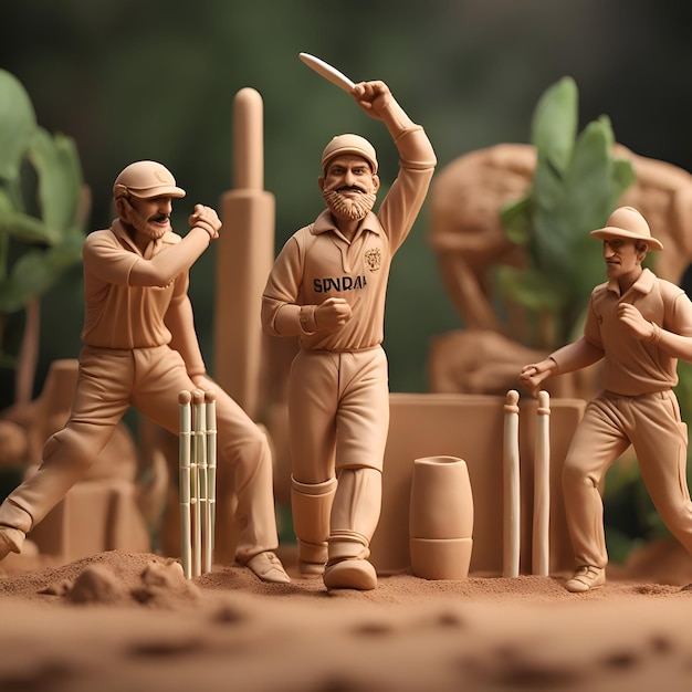 Bezpłatne zdjęcie miniaturowi ludzie żołnierze z plasteliny grający w krykieta, renderowanie 3d
