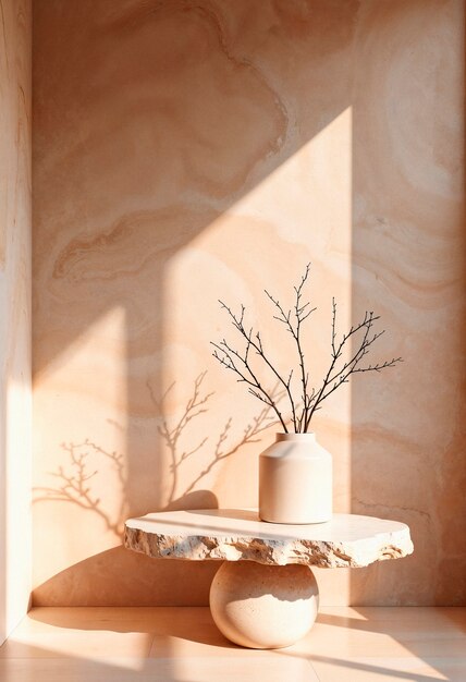 Minimalist still life with vase and branch on stone table