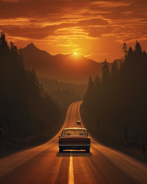 Minimalistyczna fotorealistyczna droga za zachodem słońca