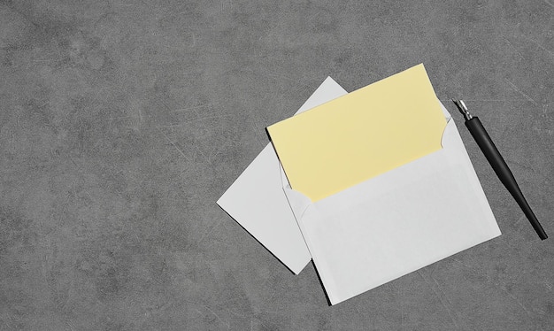 Minimalistyczna kompozycja makiety otwartej białej koperty, pustego papieru do pisania i wiecznego pióra, szarego neutralnego tła z miejscem na kopię. Wysyłanie listu lub zaproszenia