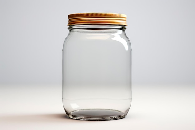 Minimalistyczne zdjęcie szklanego słoika ze złotą metalową pokrywką na jasnoszarym tle