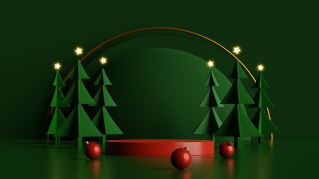 Minimalna scena z czerwonym podium i sosnami na zielonym tle północy. wesołych świąt i szczęśliwego nowego roku presentation.3d renderowania ilustracji.