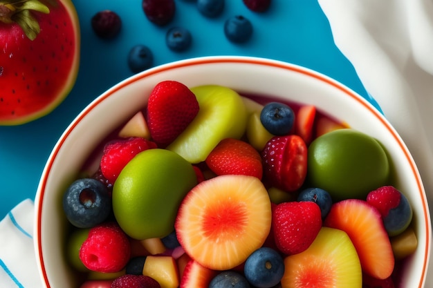 Bezpłatne zdjęcie miska owoców z niebieskim tłem