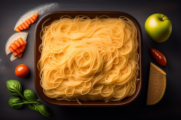 Bezpłatne zdjęcie miska spaghetti z zielonym jabłkiem i drewnianą łyżką obok.