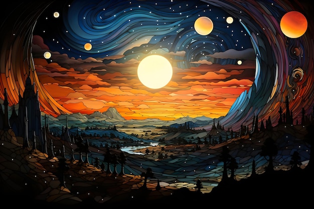 mistyczna retro ilustracja zachodu słońca