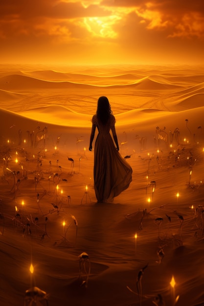Bezpłatne zdjęcie mityczna gra wideo zainspirowana krajobrazem z kobietą na pustyni