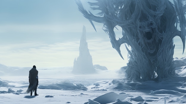 Bezpłatne zdjęcie mityczny krajobraz zainspirowany grą wideo z stworzeniem z mrozu