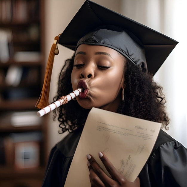 Bezpłatne zdjęcie młoda afroamerykańska studentka w kapeluszu i sukni z dyplomem i gwizdkiem