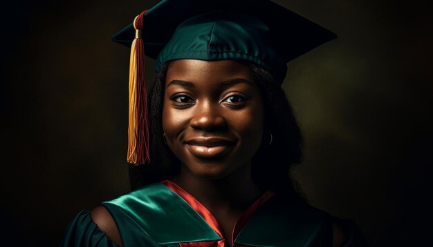 Młoda Afrykanka uśmiechająca się w sukni dyplomowej wygenerowana przez sztuczną inteligencję