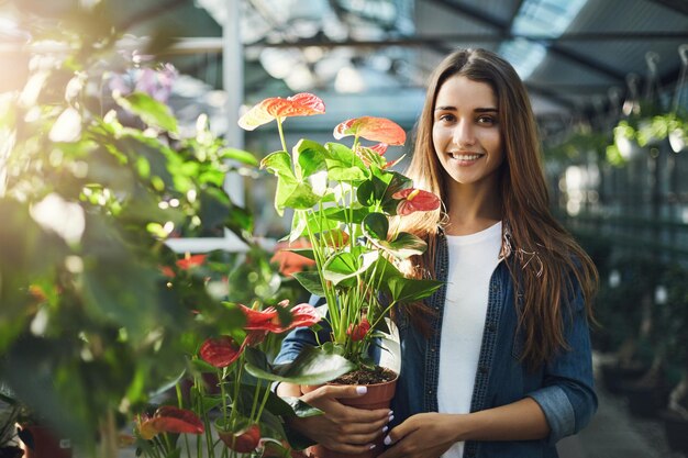 Młoda dama trzymająca kwiat w sklepie z zielenią, kupująca rośliny do swojego podwórka, patrząca na aparat z uśmiechem
