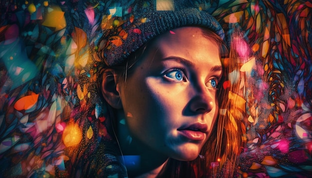 Młoda dorosła kobieta oświetlona kolorowym życiem nocnym generowanym przez sztuczną inteligencję