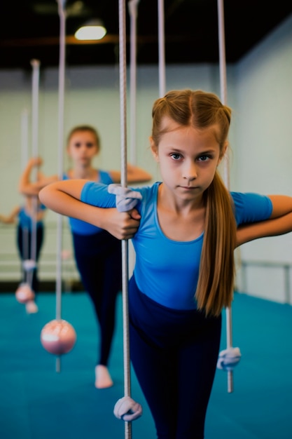 Bezpłatne zdjęcie młoda dziewczyna trenuje na siłowni w sporcie gimnastycznym