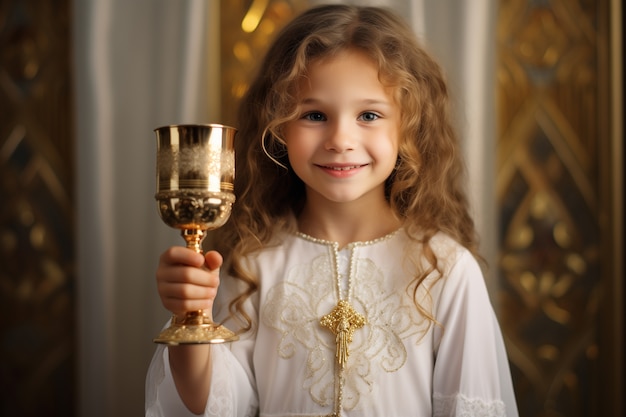 Bezpłatne zdjęcie młoda dziewczyna w kościele przeżywa swoją pierwszą ceremonię komunii