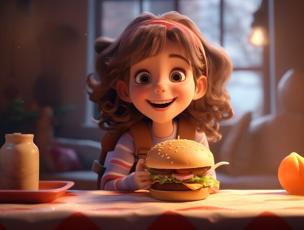Młoda dziewczyna z pysznym burgerem 3d