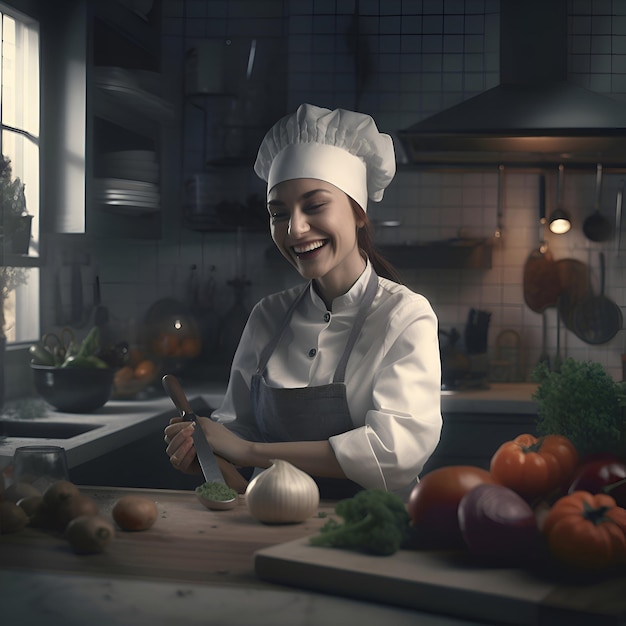 Bezpłatne zdjęcie młoda kobieta gotuje w kuchni, nosi biały kapelusz i fartuch.