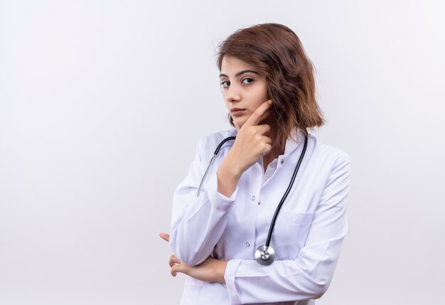 Młoda kobieta lekarz w białym fartuchu ze stetoskopem patrząc na kamery ręką na brodzie z zamyślonym wyrazem twarzy myślenia