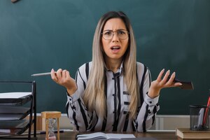 Młoda kobieta nauczycielka w okularach siedzi przy ławce szkolnej przed tablicą w klasie wyjaśniając lekcję trzyma kalkulator patrząc w kamerę zdezorientowana nie mając odpowiedzi