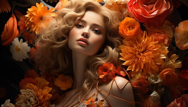 Młoda kobieta o blond włosach i uśmiechniętym kwiatku we włosach wygenerowanym przez sztuczną inteligencję