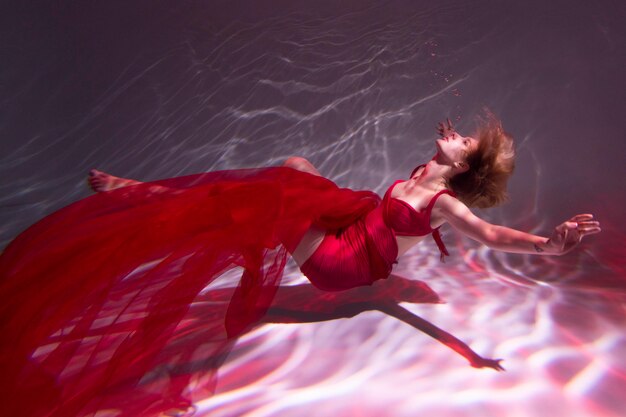 Młoda kobieta pozuje zanurzona pod wodą w zwiewnej sukience