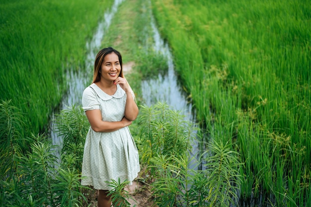 Młoda kobieta szczęśliwie w zielonym polu przy słonecznym dniem