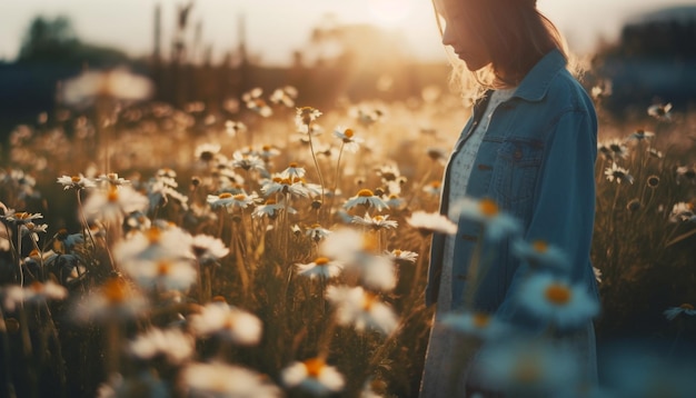 Bezpłatne zdjęcie młoda kobieta trzymająca kwiaty na łące o wschodzie słońca wygenerowana przez sztuczną inteligencję