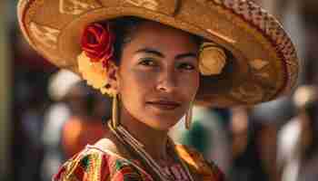 Bezpłatne zdjęcie młoda kobieta uśmiechająca się na zewnątrz patrząc na kamerę pokazującą kulturę rdzennej ludności generowaną przez sztuczną inteligencję