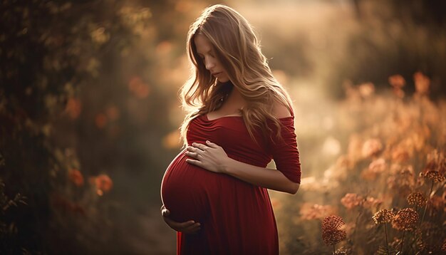 Młoda kobieta w ciąży obejmująca piękno natury na zewnątrz generowane przez sztuczną inteligencję