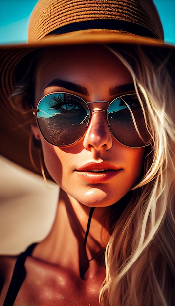 Młoda kobieta w okularach przeciwsłonecznych emanuje letnią zmysłowością generatywną AI